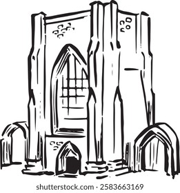 "Beauchief Abbey, Sheffield, England black and white ink sketch. Historic medieval monastery with picturesque stone ruins and rich heritage. Tourism, travel, and cultural history projects