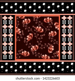 Beaufiful hand drawn florals and geometric flowers in scarf print style seamless pattern in vector design for fashion,fabric,web,wallpaper,wrapping and all prints on black background color