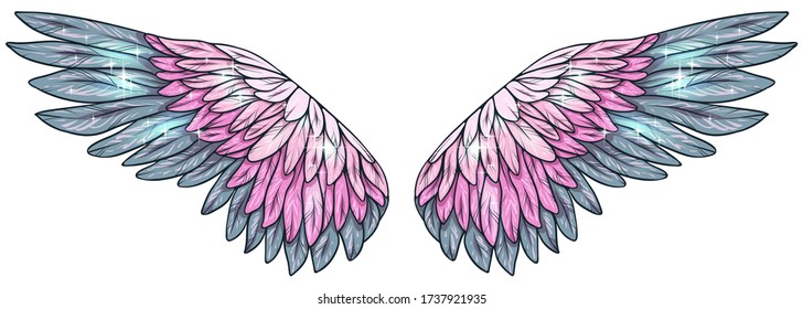 Beauiful magic glittery glowing pink greyish green wings, vector