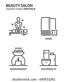 Beauity salon, square mini icon set. The illustrations are a vector, editable stroke, thirty-two by thirty-two matrix grid, pixel perfect files. Crafted with precision and eye for quality.