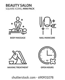 Beauity salon, square mini icon set. The illustrations are a vector, editable stroke, thirty-two by thirty-two matrix grid, pixel perfect files. Crafted with precision and eye for quality.
