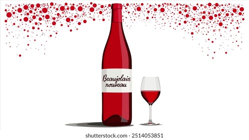 Beaujolais nouveau. Flasche junger Rotwein und Weinglas auf dekorativem Hintergrund mit roten Punkten. Vektorgrafik einzeln.