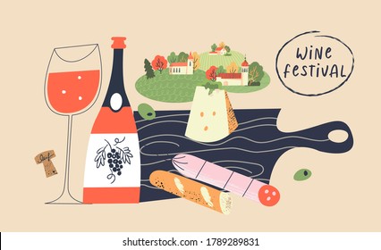 Beaujolais Nouveau. Festival of new wine in France. Wine and food. Vector illustration.