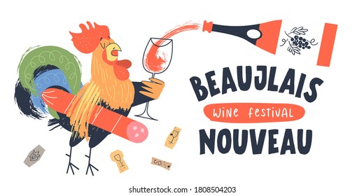 Beaujolais Nouveau, a festival of young wine in France. Vector illustration, poster, invitation.