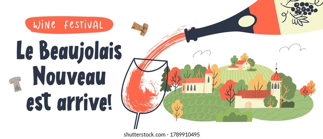 Beaujolais Nouveau has arrived, the phrase is written in French. Vector illustration.
