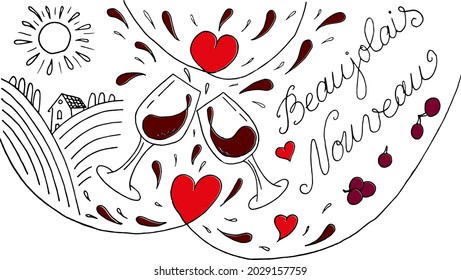 Beaujolais Nouveau lettering. Festival of new wine in France. Wine and food. Vector illustration.