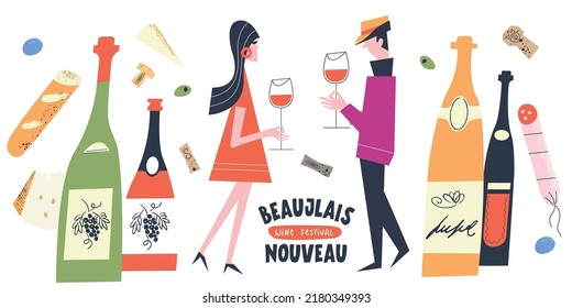 Beaujolais Nouveau Wine Festival. Vector illustration, a set of design elements for a wine festival.