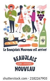Beaujolais Nouveau Wine Festival. Vector illustration, a set of design elements for a wine festival. The inscription means Beaujolais Nouveau has arrived!