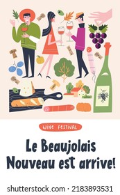 Beaujolais Nouveau Wine Festival. Vector illustration, a set of design elements for a wine festival. The inscription means Beaujolais Nouveau has arrived!