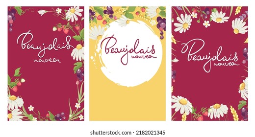 Beaujolais Nouveau wine label set. Vector backgrounds, bouquet of chamomile, strawberry and grapes, summer herbs, calligraphy lettering.	