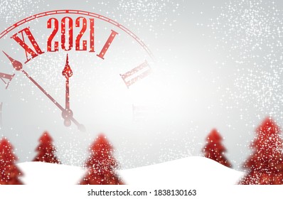 Beauliful red clocks showing 2021 year instead of 12 o'clock. Red sparkling christmas trees among snowdrifts. Vector holiday illustration.