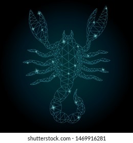 Beauliful starry low poly illustration with stylized shiny scorpion silhouette on the dark background