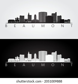 Beaumont TX skyline and landmarks silhouette, black and white design, vector illustration.