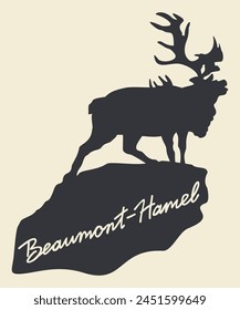 Beaumont-Hamel Newfoundland Memorial. Picardy. France. Deer on rock. Vector isolated illustration with lettering.