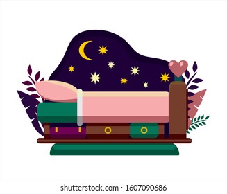 Beauniful bedroom with cute bed and suitcases in the star night