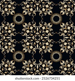 Beautful gold Baroque damask seamless pattern. Vector floral background wallpaper fabric with elegance flowers, swirl leaves, circle greek meander, antique ornaments in Baroque style. Luxury design.