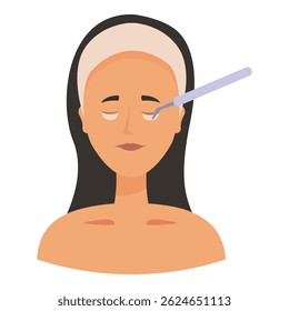 Beautician is applying an eyelash extension to a young woman with closed eyes