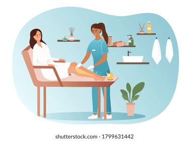 Beautician applying sugaring wax to the legs of a female client in a beauty salon or spa, colored vector illustration