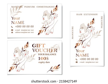 Beautician business card template and gift certificate. Beautiful female face, manicure, pedicure, cosmetologist, hair extension. Line art vector illustration, corporate identity for a beauty salon.