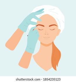 The beautician corrects the woman's eyebrow shape. Cosmetological procedure in a beauty salon. Vector illustration in a flat style.