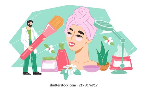 Beautician or cosmetologist professional beauty and skin care procedures. Banner for cosmetology and beauty salon, flat vector illustration isolated on white background.