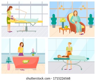 Beautician doing facial treatment. Young woman gets chocolate body mask. Beauty procedures and healthcare process, reception in beauty salon vector