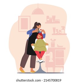 Beautician Grooming Place for Kid. Young Girl Groomer in Beauty Salon Cut Child Hair with Scissors. Hairdresser Master Character do Hairstyle for Baby in Barbershop. Cartoon People Vector Illustration