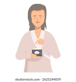 Beautician is holding a jar of moisturizing cream and pointing at it with a finger