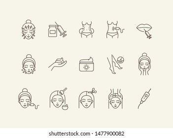 Beautician Line Icon Set. Female Face, Body Weight, Hair Cutting. Beauty Care Concept. Can Be Used For Topics Like Beauty Salon, Cosmetology, Rejuvenation