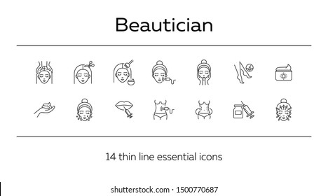 Beautician line icon set. Female face, body weight, hair cutting. Beauty care concept. Can be used for topics like beauty salon, cosmetology, rejuvenation