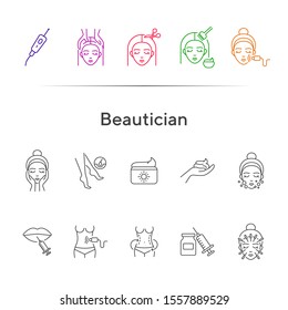 Beautician line icon set. Female face, body weight, hair cutting. Beauty care concept. Can be used for topics like beauty salon, cosmetology, rejuvenation