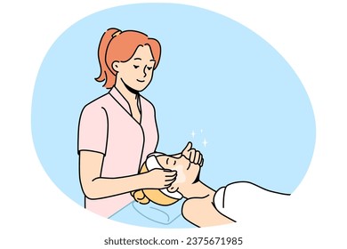 Beautician make face massage to female client in beauty salon. Cosmetologist do masks or facial procedures to woman patient in spa. Skincare routine. Vector illustration.