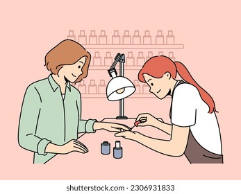 Beautician make manicure for female client in salon. Nail master work with woman customer in saloon. Beauty and cosmetology. Vector illustration. 