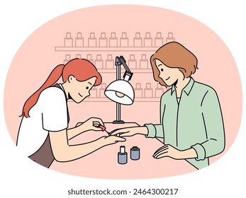 Beautician make manicure for female client in salon. Nail master work with woman customer in saloon. Beauty and cosmetology. Vector illustration.