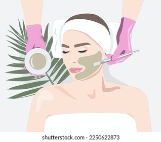 Beautician makes a face mask of a woman to rejuvenate the skin. Cosmetology treatment of problem skin on the face and body. illustration	