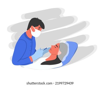 The beautician makes an injection of Botox. A young woman is given a lip augmentation injection. Face oval correction procedure. Fillers along the forehead line. Women's cosmetology in a beauty salon.