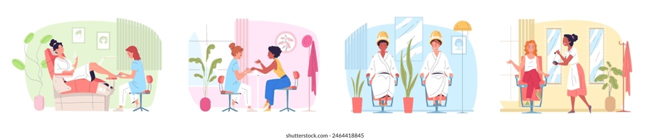 Clientes del salón de belleza. Servicio femenino, procedimientos de pedicura de la manicura de las uñas de la mujer, corte de pelo del cliente de la barbería, Ilustración vectorial elegante de la esteticista de la peluquería