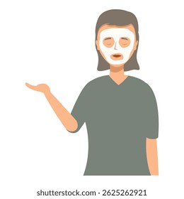 Beautician wearing a uniform and applying a facial mask is showing something with her hand