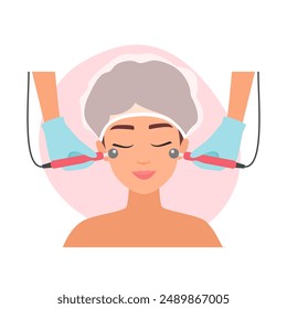 Beauticians hands massage cheeks of woman with microcurrent electrodes vector illustration