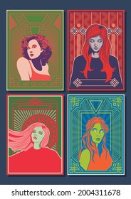 Beauties and Art Deco Backgrounds, Patterns. 1960s style Psychedelic Colors, Template set for Vintage Posters, Covers, Illustrations 