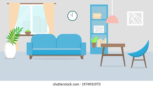 Beautifful Blue Living Room. No People. Flat Vector Iilustration