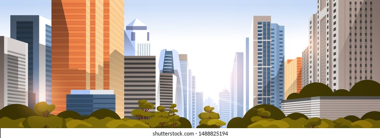 beautifil city on sunset panorama skyline high skyscrapers modern cityscape background flat horizontal