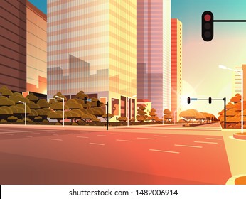 beautifil city street asphalt road with traffic light high skyscraper modern cityscape sunset background flat horizontal closeup