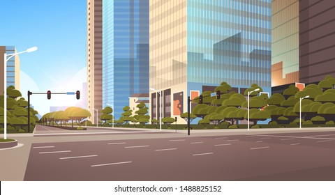 beautifil city street asphalt road with traffic light high skyscrapers modern cityscape background flat horizontal closeup