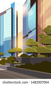 beautifil city street sunrise skyline high skyscrapers modern cityscape background flat vertical closeup