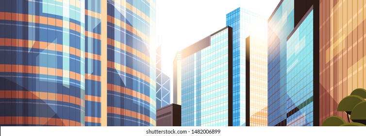 beautifil city street sunshine skyline high skyscrapers modern cityscape background flat horizontal closeup