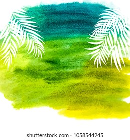 Beautifil Palm Tree Leaf  Silhouette with Aquarelle Watercolor Paint Background Vector Illustration EPS10