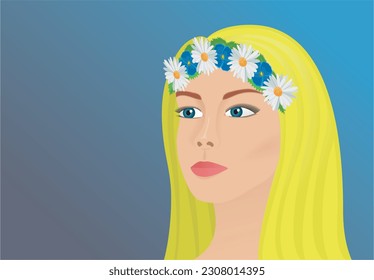 Beautifil profile of midsummer, solstice girl, woman with flower wreath in her blond hair. Vector illustration.