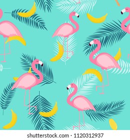 Beautifil Summer Seamless Pattern Background with Palm Tree Leaf Silhouette, Banana and Ice Cream. Vector Illustration EPS10