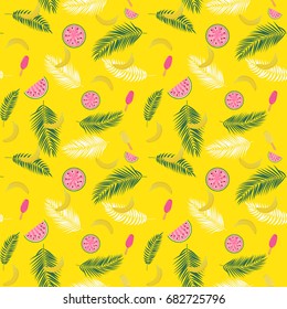 Beautifil Summer Seamless Pattern Background with Palm Tree Leaf Silhouette, Watermelon, Banana and Ice Cream. Vector Illustration EPS10
